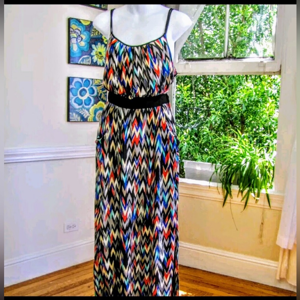 Multicolor Chevron Maxi Dress with Black Waistband